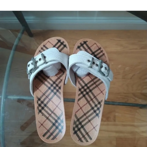 BURBERRY Nova Check Wooden Clog Buckle Slide Sandals Women's 38 White Leather - Picture 5 of 12